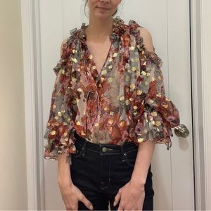 Alexander McQueen 100% Silk and Gold fil coupé jacquard Floral Blouse